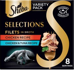 Sheba Selections Filets in Broth Chicken & Chicken with Tuna Variety Pack Grain-Free Cat Meal Complement, 1.3-oz tray, case of 8