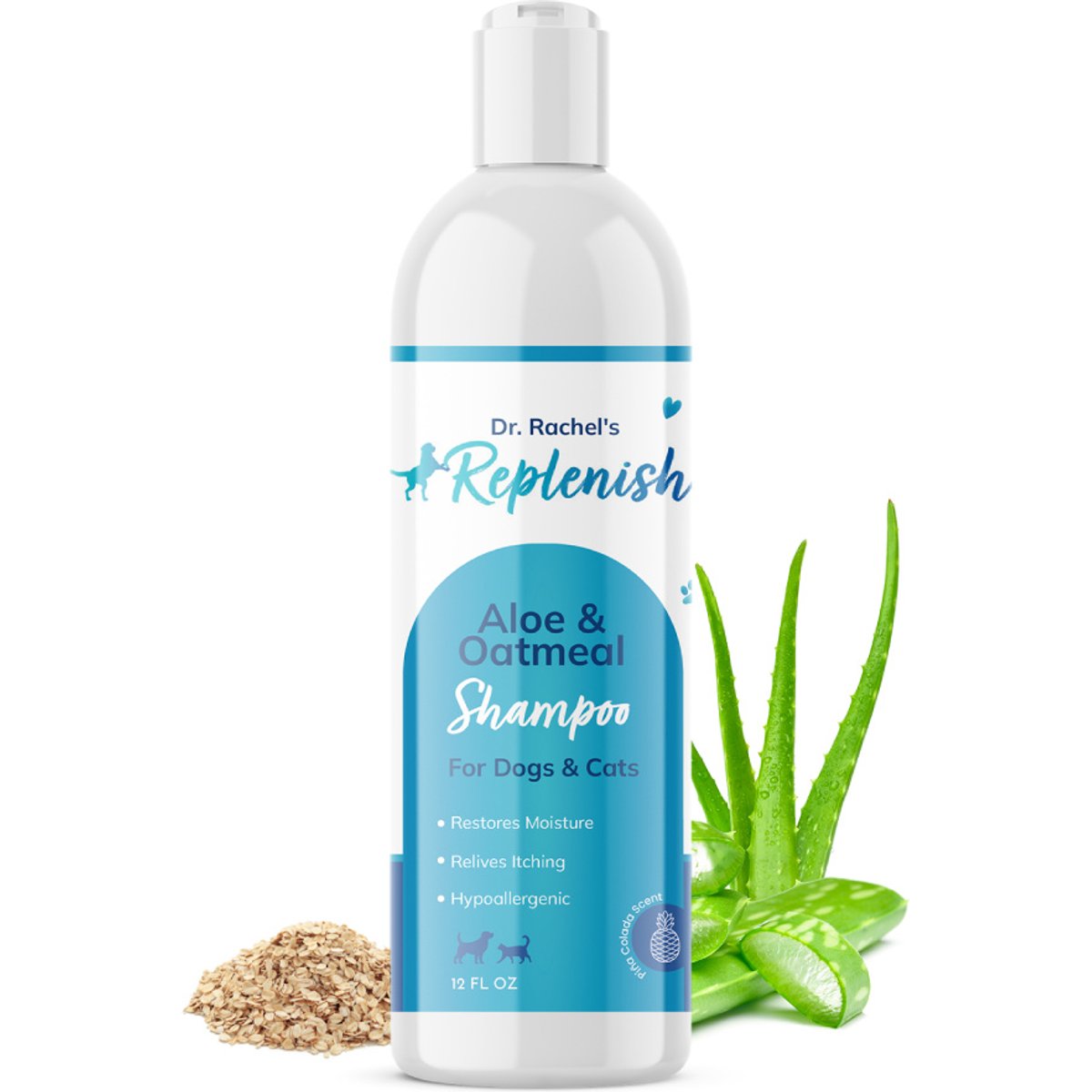 Replenish Aloe & Oatmeal Dry Flaky Skin Treatment Dog Shampoo, Pina Colada Scent, 12-fl oz bottle