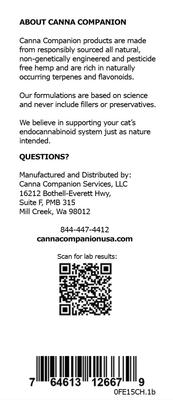 Show full view: CANNA COMPANION Whole Plant Full Spectrum Hemp Extract Oil Liquid Calming Supplement for Cats, 15-mL bottle slide 5 of 5