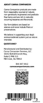 Show full view: CANNA COMPANION Whole Plant Full Spectrum Hemp Extract Oil Liquid Calming Supplement for Large & X-Large Dogs, 90-mL bottle slide 5 of 5