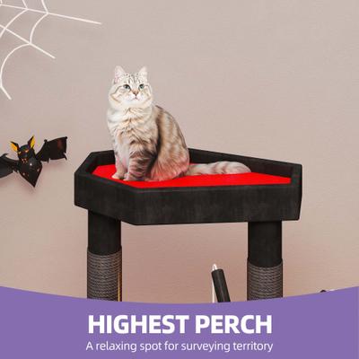 Show full view: Wooflex 60-in Plush Gothic Halloween Coffin Bed Top Perch Comfy Basket & Scratching Cat Tree Tower & Condo, Black & Red slide 5 of 10