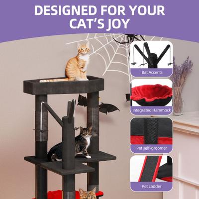 Show full view: Wooflex 60-in Plush Gothic Halloween Coffin Bed Top Perch Comfy Basket & Scratching Cat Tree Tower & Condo, Black & Red slide 6 of 10