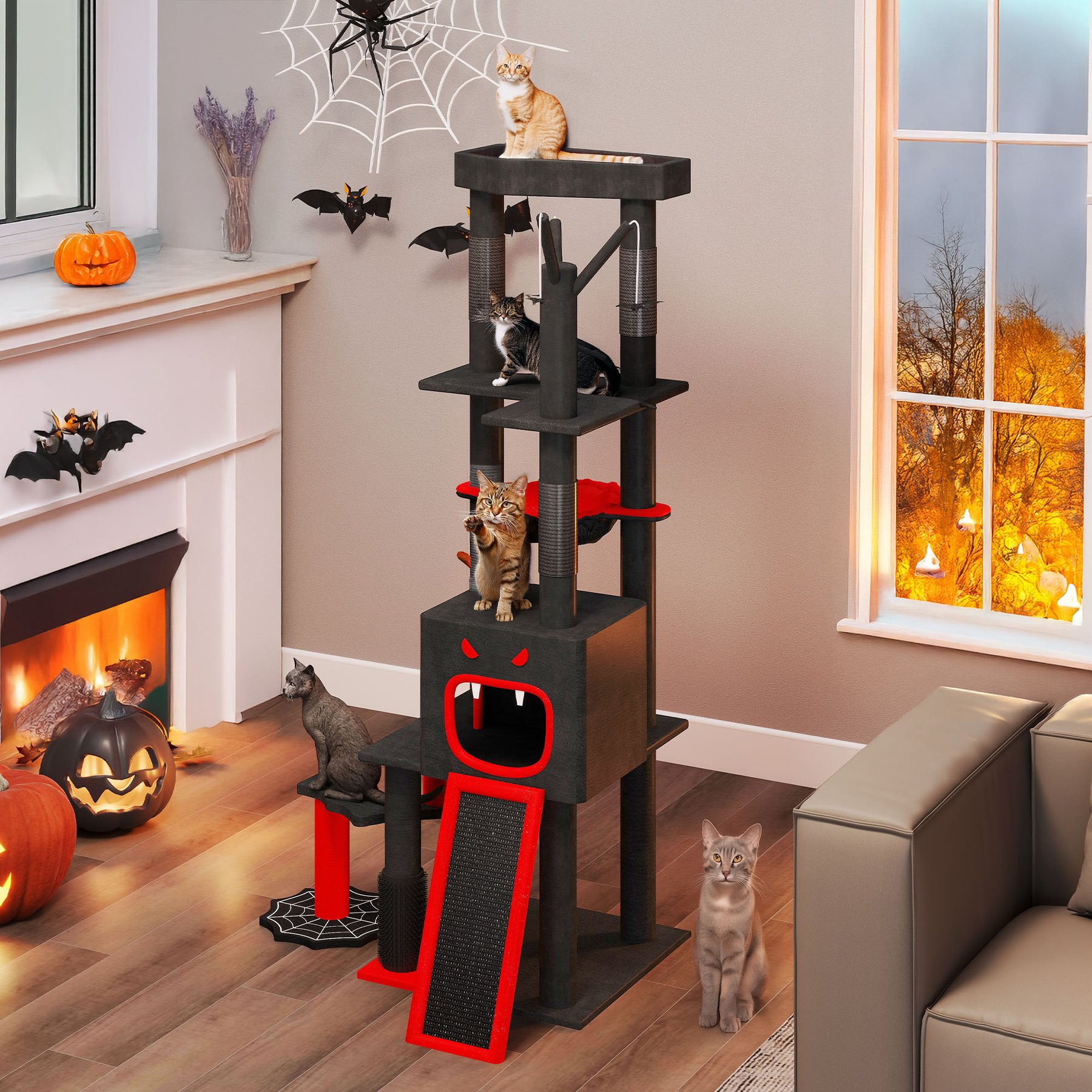 Wooflex 60-in Plush Gothic Halloween Coffin Bed Top Perch Comfy Basket & Scratching Cat Tree Tower & Condo, Black & Red