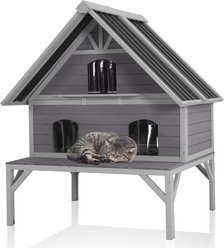 Aivituvin Wooden Outdoor Cat House with Metal Roof, Gray, Medium