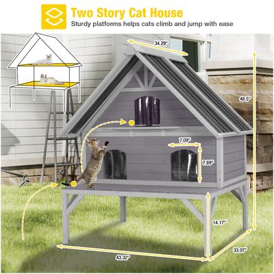 Show full view: Aivituvin Wooden Outdoor Heated Cat House with Insulation, Metal Roof, Gray, Medium slide 7 of 7