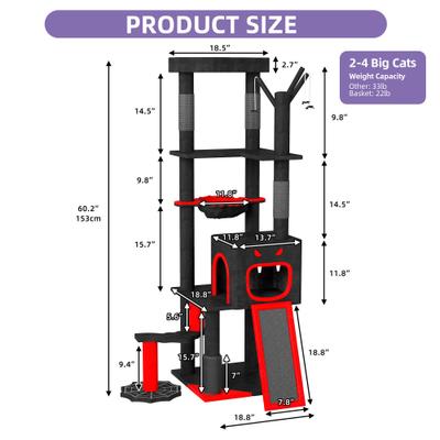 Show full view: Wooflex 60-in Plush Gothic Halloween Coffin Bed Top Perch Comfy Basket & Scratching Cat Tree Tower & Condo, Black & Red slide 3 of 10
