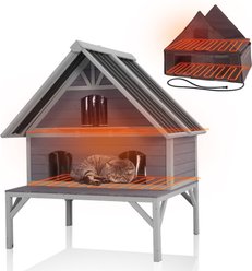 Aivituvin Wooden Outdoor Heated Cat House with Insulation, Metal Roof, Gray, Medium