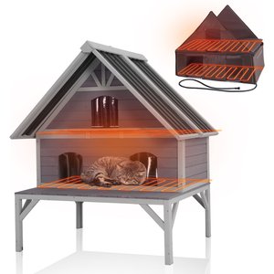 Aivituvin Wooden Outdoor Heated Cat House with Insulation, Metal Roof, Gray, Medium