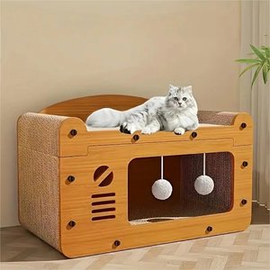 NonoPets Single Door Double Layer Scratcher Cardboard Cat House with Hanging Ball