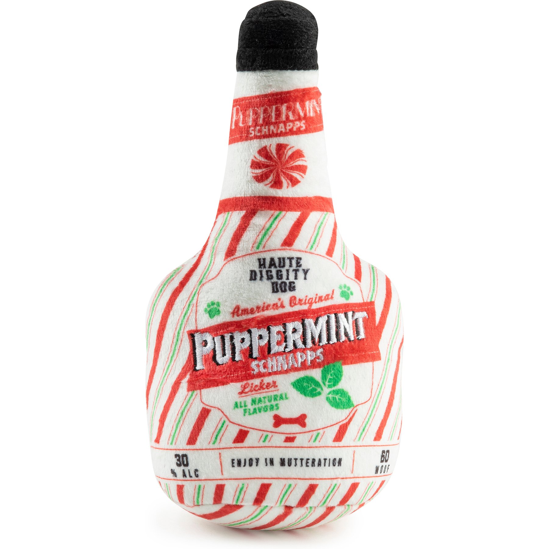 Haute Diggity Dog Christmas Puppermint Schnapps Bottle Squeaky Plush Dog Toy, Red