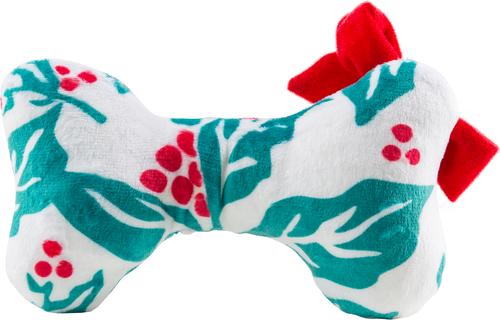 Show full view: Haute Diggity Dog Christmas Puppermint Bone Holly Print Seasons Grrreetings Squeaky Plush Dog Toy, White slide 3 of 3