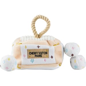 Haute Diggity Dog Chewy Vuiton Interactive Trunk Squeaky Plush Dog Toy, White
