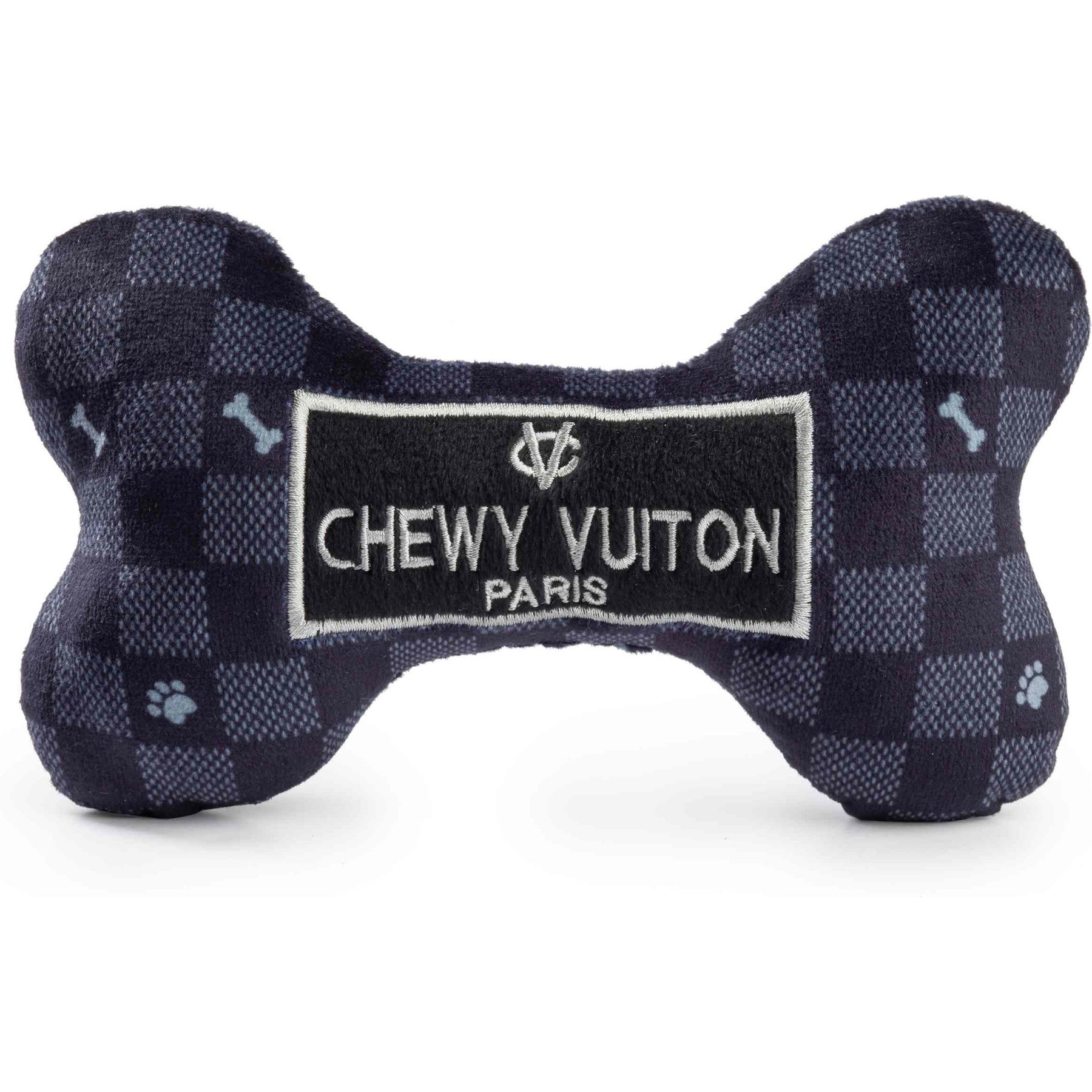 Haute Diggity Dog Chewy Vuiton Bone Squeaky Plush Dog Toy, Black Checker, Large