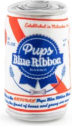Haute Diggity Dog Pups Blue Ribbon Beer Can Squeaky Plush Dog Toy, Blue