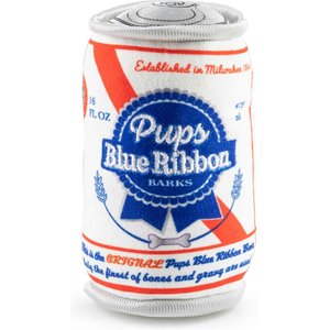 Haute Diggity Dog Pups Blue Ribbon Beer Can Squeaky Plush Dog Toy, Blue