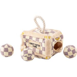 Haute Diggity Dog Chewy Vuiton Trunk Activity House Squeaky Plush Dog Toy, Brown Checker