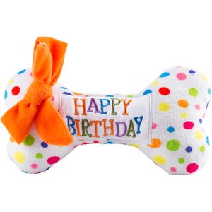 Haute Diggity Dog Happy Birthday Bone Squeaky Plush Dog Toy, White, Large