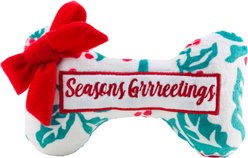 Haute Diggity Dog Christmas Puppermint Bone Holly Print Seasons Grrreetings Squeaky Plush Dog Toy, White