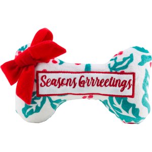 Haute Diggity Dog Christmas Puppermint Bone Holly Print Seasons Grrreetings Squeaky Plush Dog Toy, White