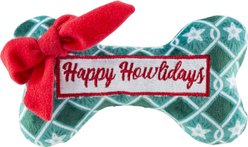 Haute Diggity Dog Christmas Puppermint Bone Green Stars Happy Howlidays Squeaky Plush Dog Toy, Green