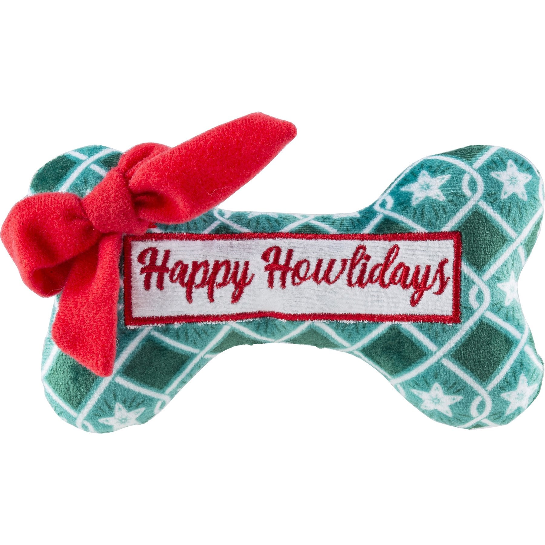 Haute Diggity Dog Christmas Puppermint Bone Green Stars Happy Howlidays Squeaky Plush Dog Toy, Green