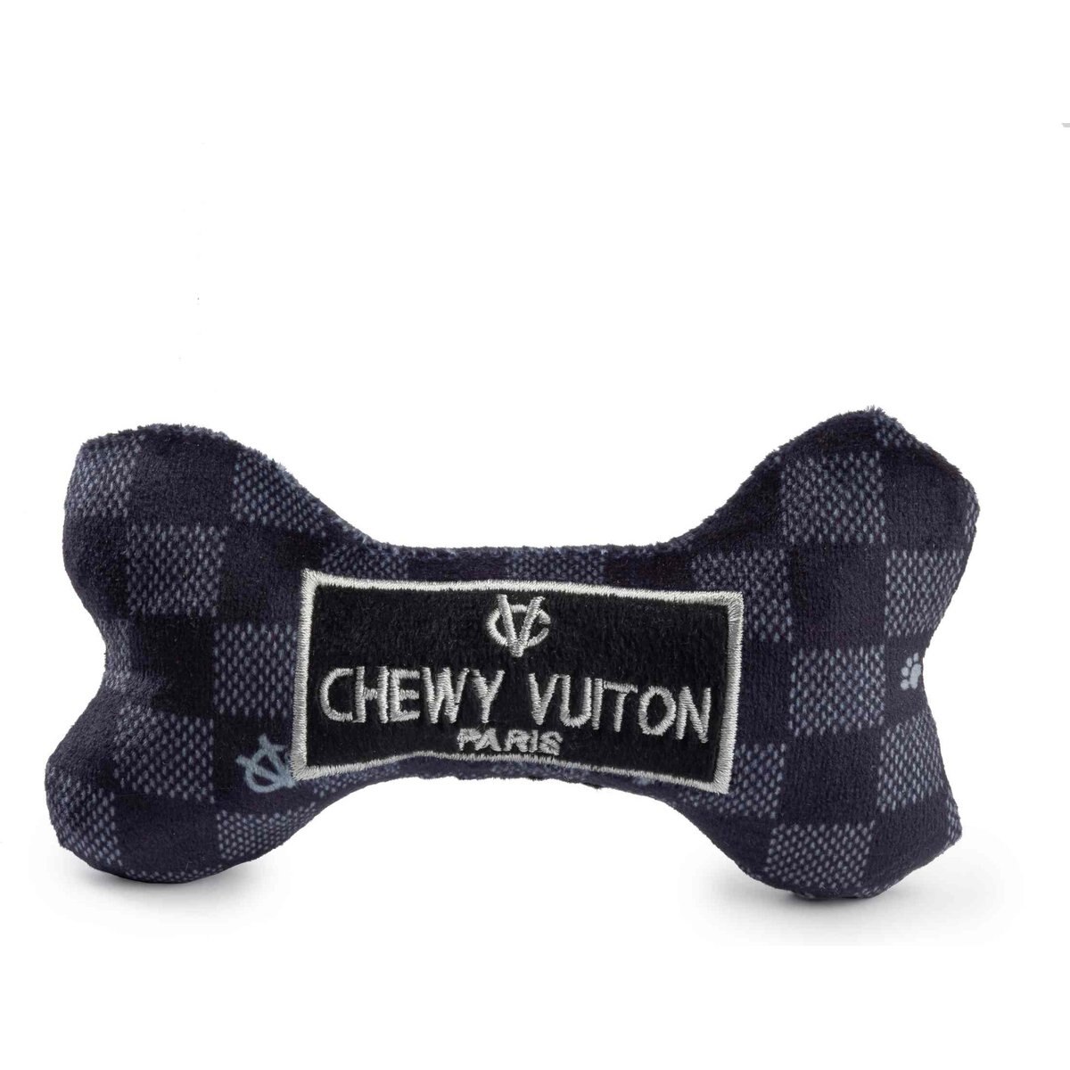 Haute Diggity Dog Chewy Vuiton Bone Squeaky Plush Dog Toy, Black Checker, Small