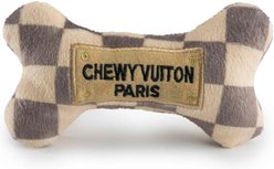 Haute Diggity Dog Chewy Vuiton Bone Squeaky Plush Dog Toy, Brown Checker, Small