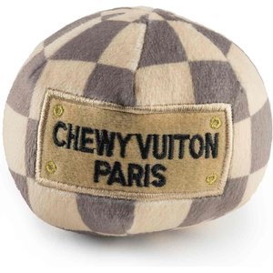 Haute Diggity Dog Chewy Vuiton Ball Squeaky Plush Dog Toy, Brown Checker, Small