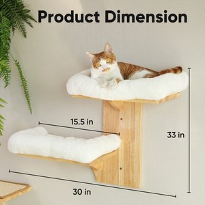FUKUMARU Solid Rubber Wood Tree Shape Wall Mounted Cat Wall Shelf with 2 Platform & Removable Cushions, Brown