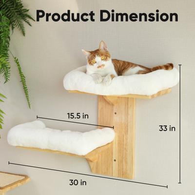 Show full view: FUKUMARU Solid Rubber Wood Wall Mounted Cat Wall Shelf with 2 Platform & Cushions, Brown slide 5 of 8