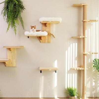 Show full view: FUKUMARU Solid Rubber Wood Wall Mounted Cat Wall Shelf with 2 Platform & Cushions, Brown slide 6 of 8