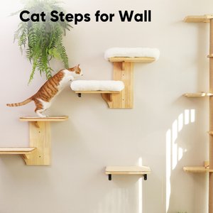 FUKUMARU Solid Rubber Wood Tree Shape Wall Mounted Cat Wall Shelf with 2 Platform & Removable Cushions, Brown