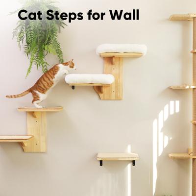 Show full view: FUKUMARU Solid Rubber Wood Wall Mounted Cat Wall Shelf with 2 Platform & Cushions, Brown slide 4 of 8
