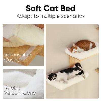 Show full view: FUKUMARU Solid Rubber Wood Wall Mounted Cat Wall Shelf with 2 Platform & Cushions, Brown slide 2 of 8