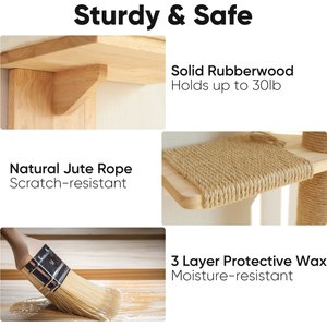 FUKUMARU Solid Rubber Wood Tree Shape Wall Mounted Cat Wall Shelf with 2 Platform & Removable Cushions, Brown