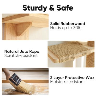 Show full view: FUKUMARU Solid Rubber Wood Wall Mounted Cat Wall Shelf with 2 Platform & Cushions, Brown slide 3 of 8