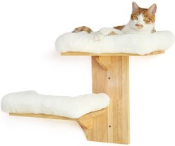 FUKUMARU Solid Rubber Wood Wall Mounted Cat Wall Shelf with 2 Platform & Cushions, Brown