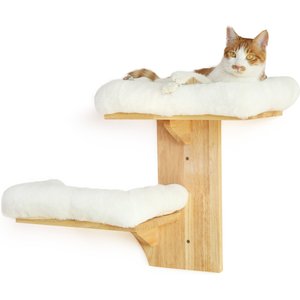 FUKUMARU Solid Rubber Wood Wall Mounted Cat Wall Shelf with 2 Platform & Cushions, Brown
