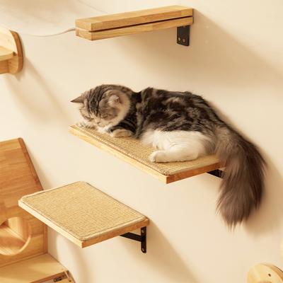 Show full view: FUKUMARU Solid Rubber Wood Wall Mounted Cat Wall Shelf with Sisal Mat, Brown slide 5 of 8