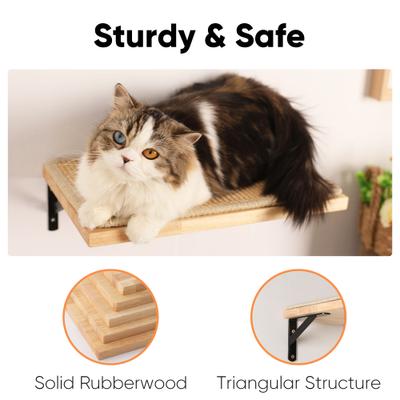 Show full view: FUKUMARU Solid Rubber Wood Wall Mounted Cat Wall Shelf with Sisal Mat, Brown slide 2 of 8