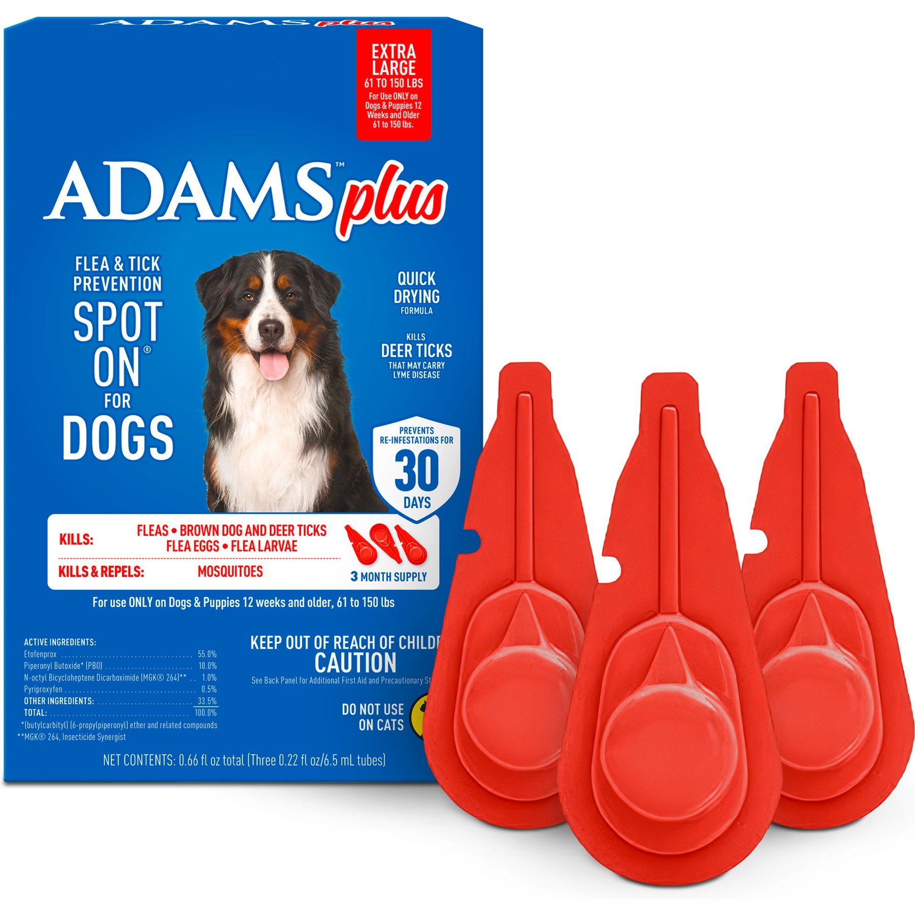 ADAMS Flea & Tick Spot Treatment for X-Large Breed Dogs, 61-150 lbs, 3 Doses (3-mos. supply)