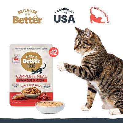 Show full view: Because It's Better Complete Meal Turf & Surf Recipe Pate Wet Cat Food, 2.6-oz pouch, case of 12 slide 9 of 9