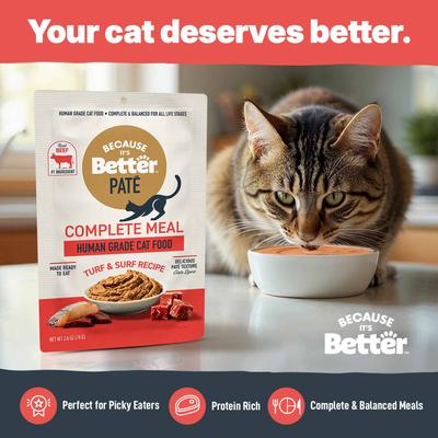 Show full view: Because It's Better Complete Meal Turf & Surf Recipe Pate Wet Cat Food, 2.6-oz pouch, case of 12 slide 4 of 9