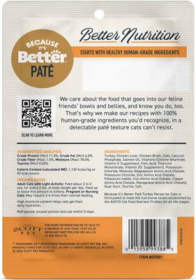 Show full view: Because It's Better Complete Meal Turkey Recipe Pate Wet Cat Food, 2.6-oz pouch, case of 12 slide 8 of 9