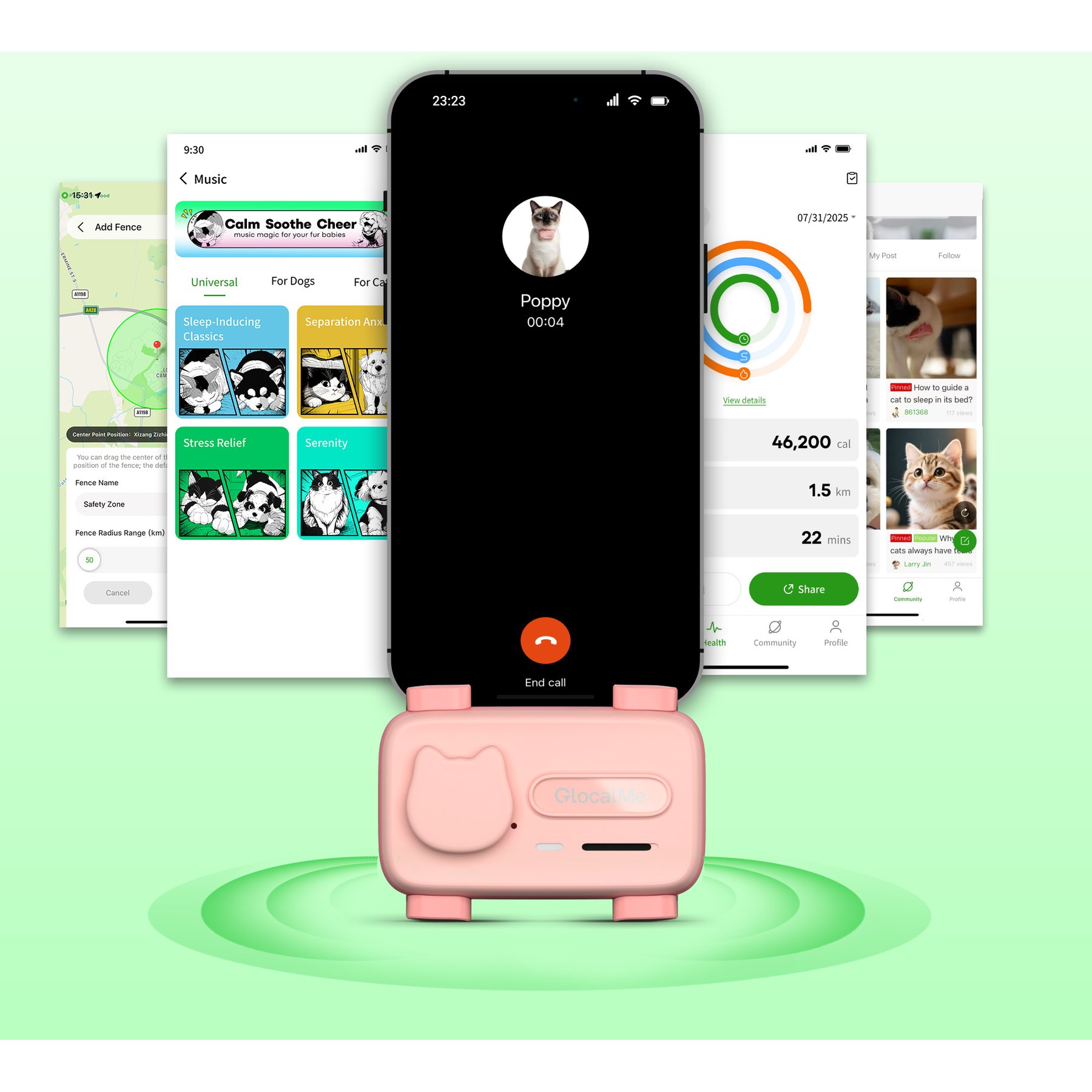 GlocalMe PetPhone 2-Way Call & Care GPS Tracking Dog & Cat Collar, Pink