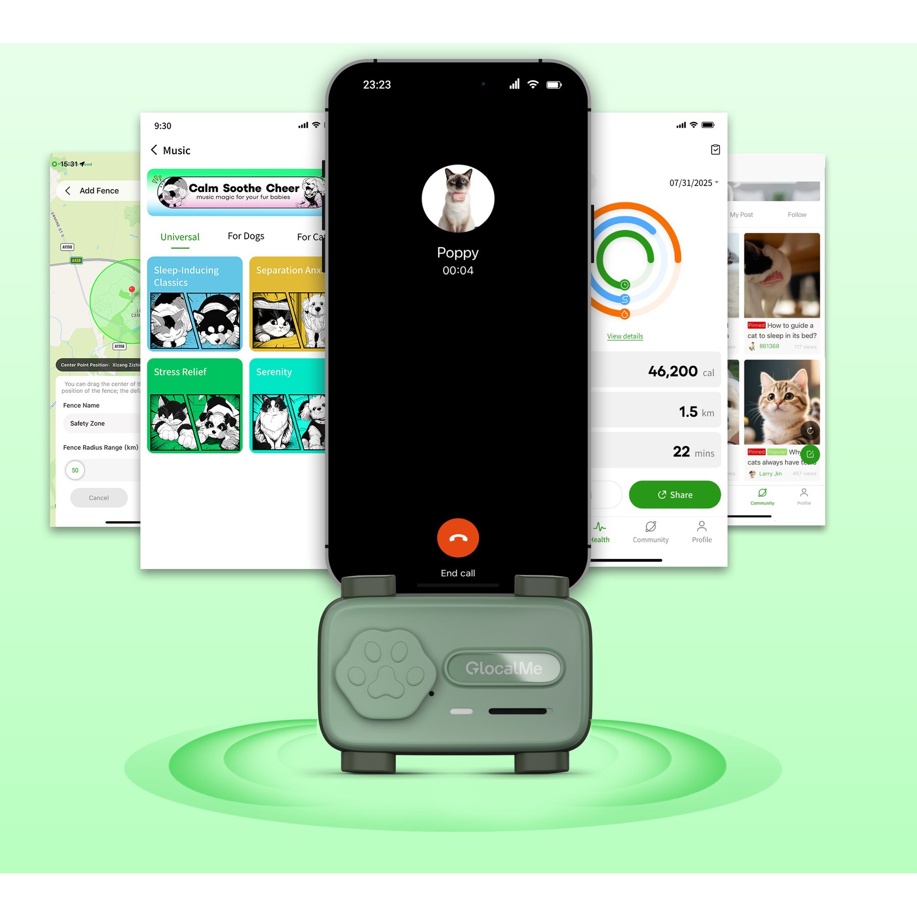 GlocalMe PetPhone 2-Way Call & Care GPS Tracking Dog & Cat Collar with 1-year plan, Green