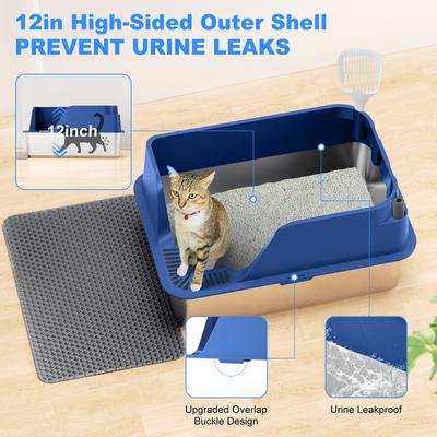 Show full view: Ellenpent Stainless Steel Leak-Proof Cat Litter Box with Lid, X-Large, Blue slide 4 of 11