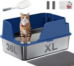 Ellenpent Stainless Steel Leak-Proof Cat Litter Box with Lid, X-Large, Blue