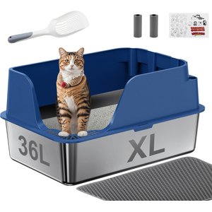 Ellenpent Stainless Steel Leak-Proof Cat Litter Box with Lid, X-Large, Blue