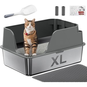 Ellenpent Stainless Steel Leak-Proof Cat Litter Box with Lid, X-Large, Gray